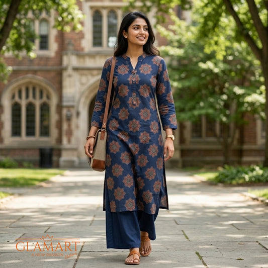 Jaipuri Cotton Long Kurti - Navy Blue & Maroon Mandala Print