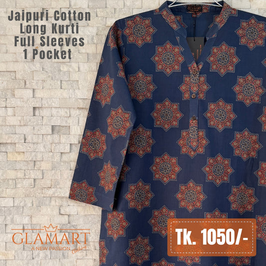 Jaipuri Cotton Long Kurti - Navy Blue & Maroon Mandala Print