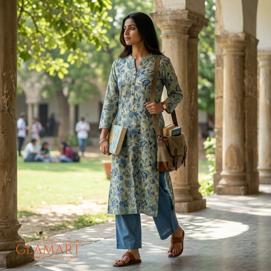 Jaipuri Pure Cotton Long Kurti - Light Yellow & Blue Floral Print