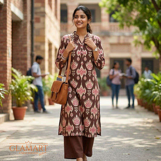 Jaipuri Cotton Long Kurti - Brown & Pink Ikat Print