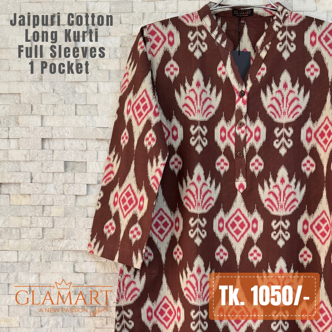 Jaipuri Cotton Long Kurti - Brown & Pink Ikat Print