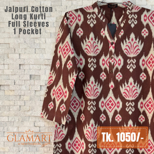 Jaipuri Cotton Long Kurti - Brown & Pink Ikat Print