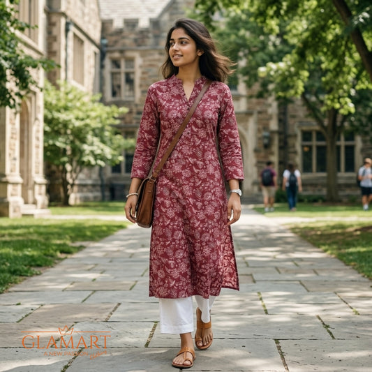 Jaipuri Cotton Long Kurti - Maroon & White Floral Print