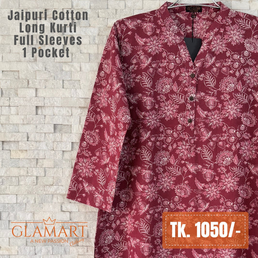 Jaipuri Cotton Long Kurti - Maroon & White Floral Print