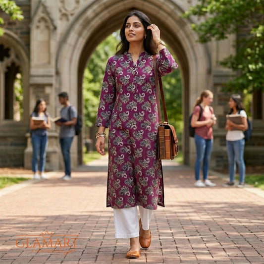 Jaipuri Pure Cotton Long Kurti - Deep Plum Floral Pattern