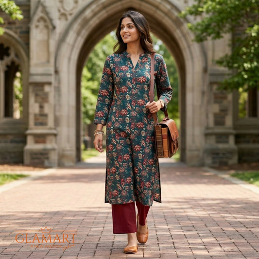 Jaipuri Cotton Long Kurti - Dark Teal & Maroon Floral Bouquet Print