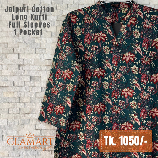 Jaipuri Cotton Long Kurti - Dark Teal & Maroon Floral Bouquet Print