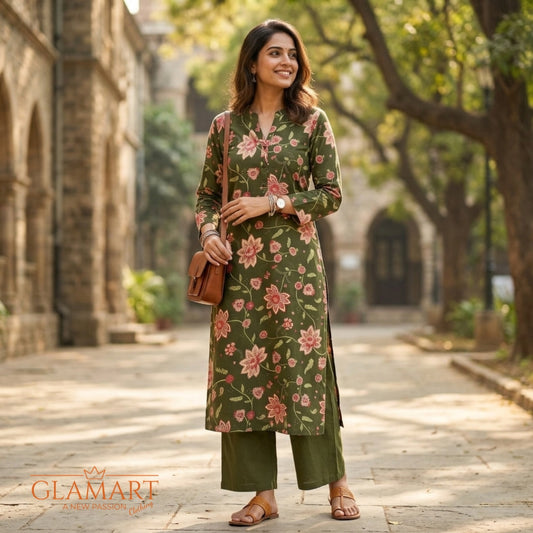 Jaipuri Cotton Long Kurti - Deep Olive & Pink Floral Motif