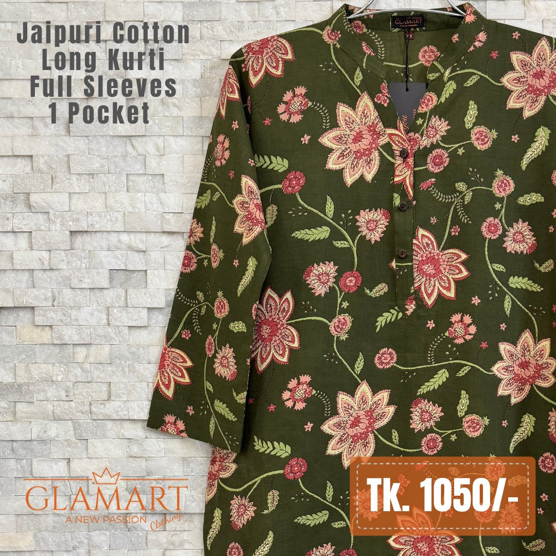 Jaipuri Cotton Long Kurti - Deep Olive & Pink Floral Motif
