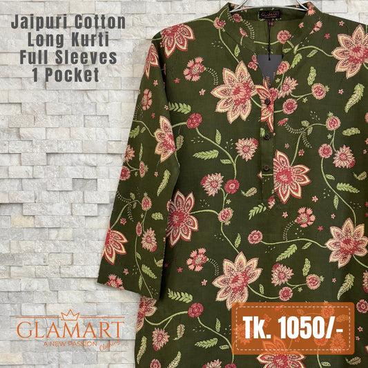 Jaipuri Cotton Long Kurti - Deep Olive & Pink Floral Motif