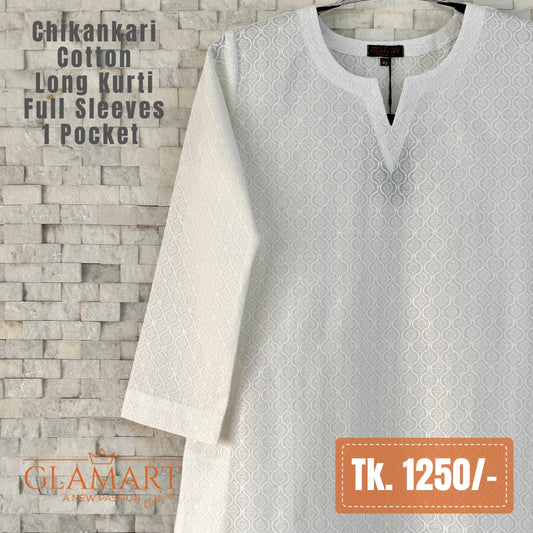 Chikankari Cotton Long Kurti - Soft White | LK0236