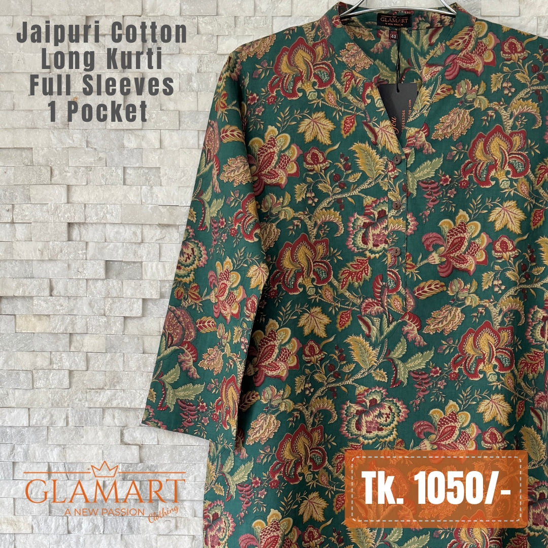 Jaipuri Cotton Long Kurti - Forest Green & Maroon Botanical