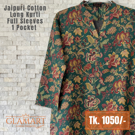 Jaipuri Cotton Long Kurti - Forest Green & Maroon Botanical