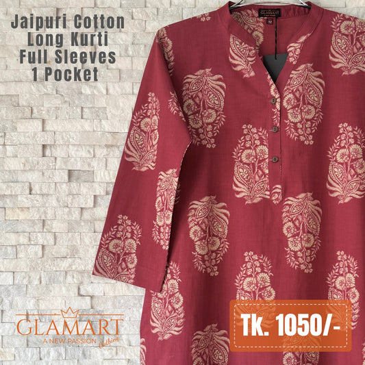 Jaipuri Cotton Long Kurti - Wine Red & Beige Paisley Motif