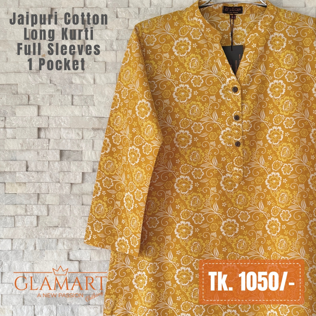 Jaipuri Cotton Long Kurti - Mustard Yellow & White Floral Jaal Print