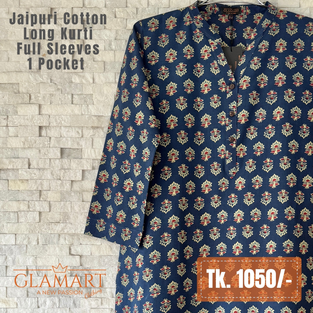 Jaipuri Cotton Long Kurti - Navy Blue & Beige Floral Booti
