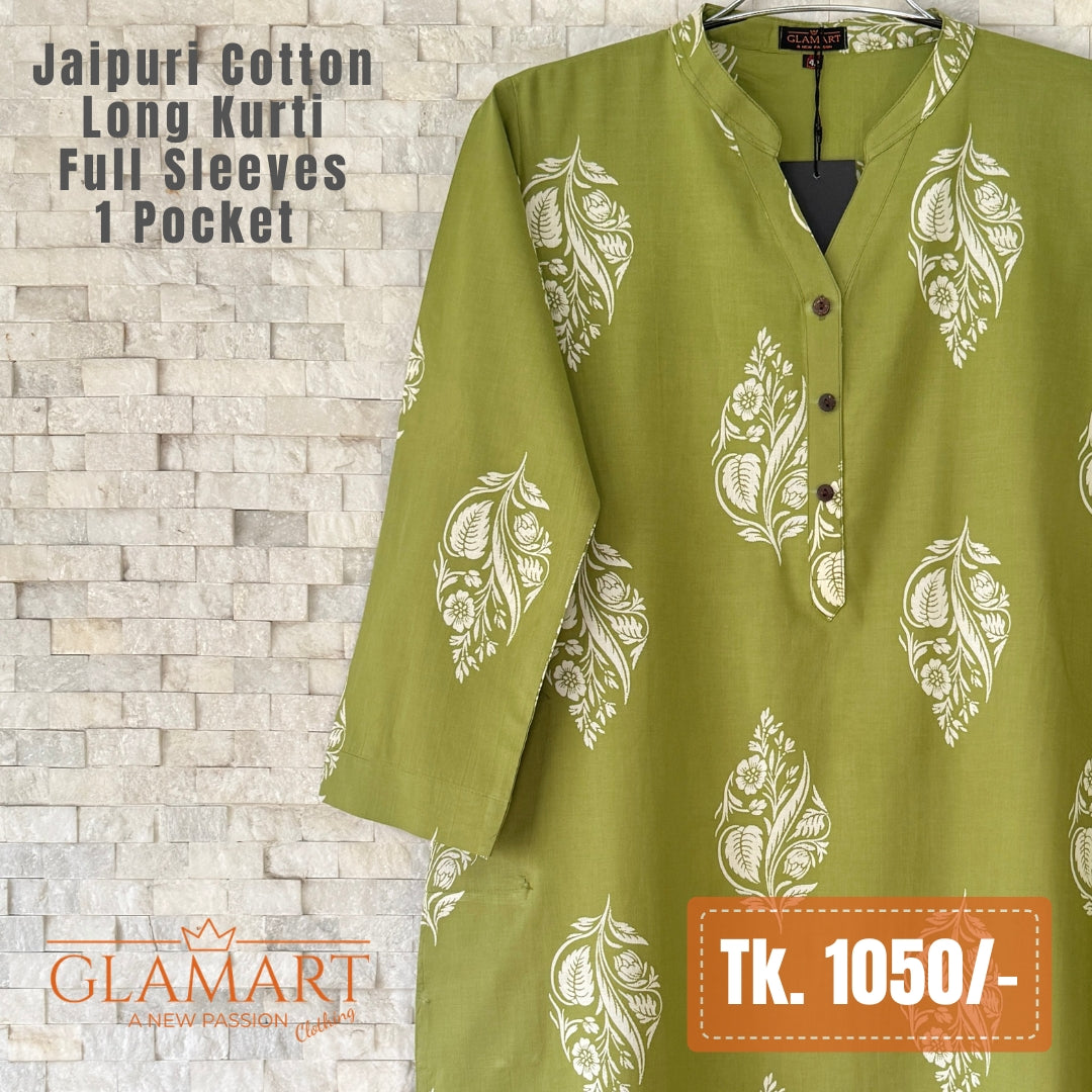 Jaipuri Cotton Long Kurti - Moss Green & White Paisley Motif