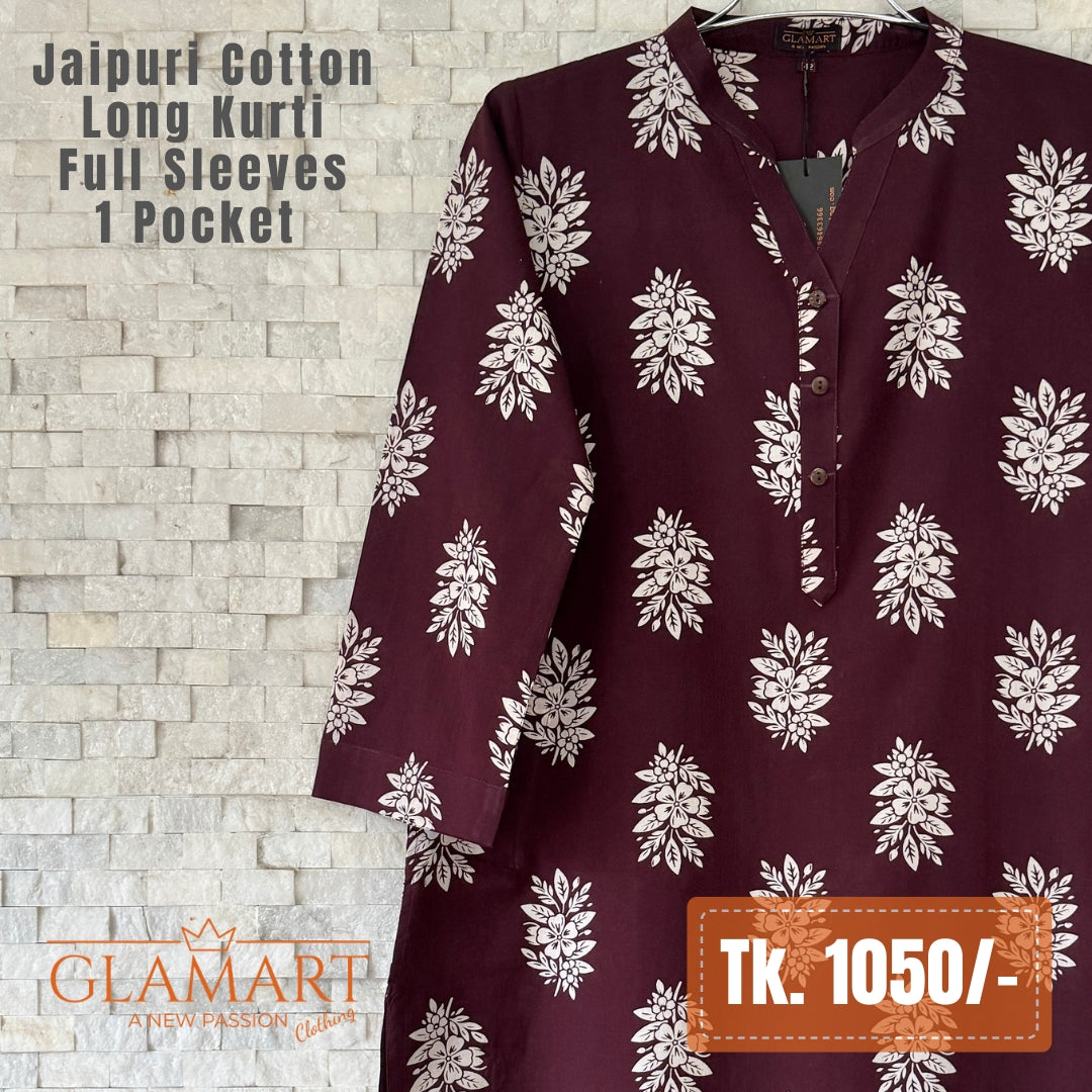 Jaipuri Cotton Long Kurti - Burgundy & White Floral Booti