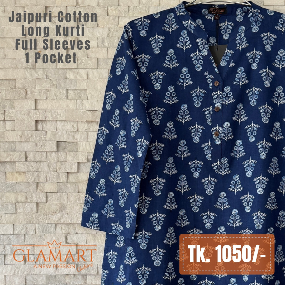 Jaipuri Cotton Long Kurti - Navy Blue & White Floral Booti