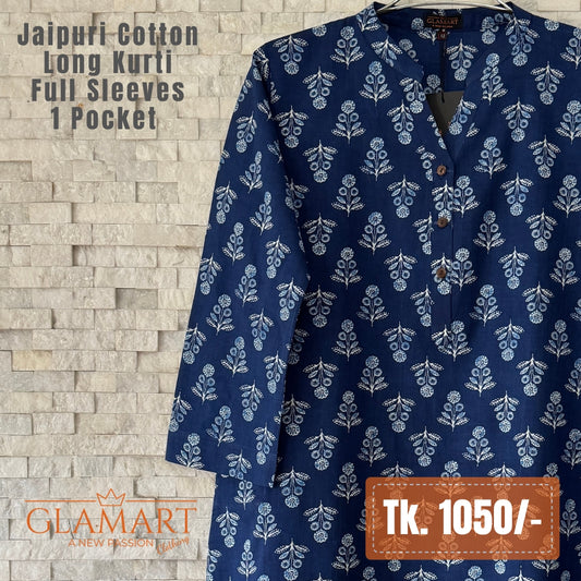 Jaipuri Cotton Long Kurti - Navy Blue & White Floral Booti