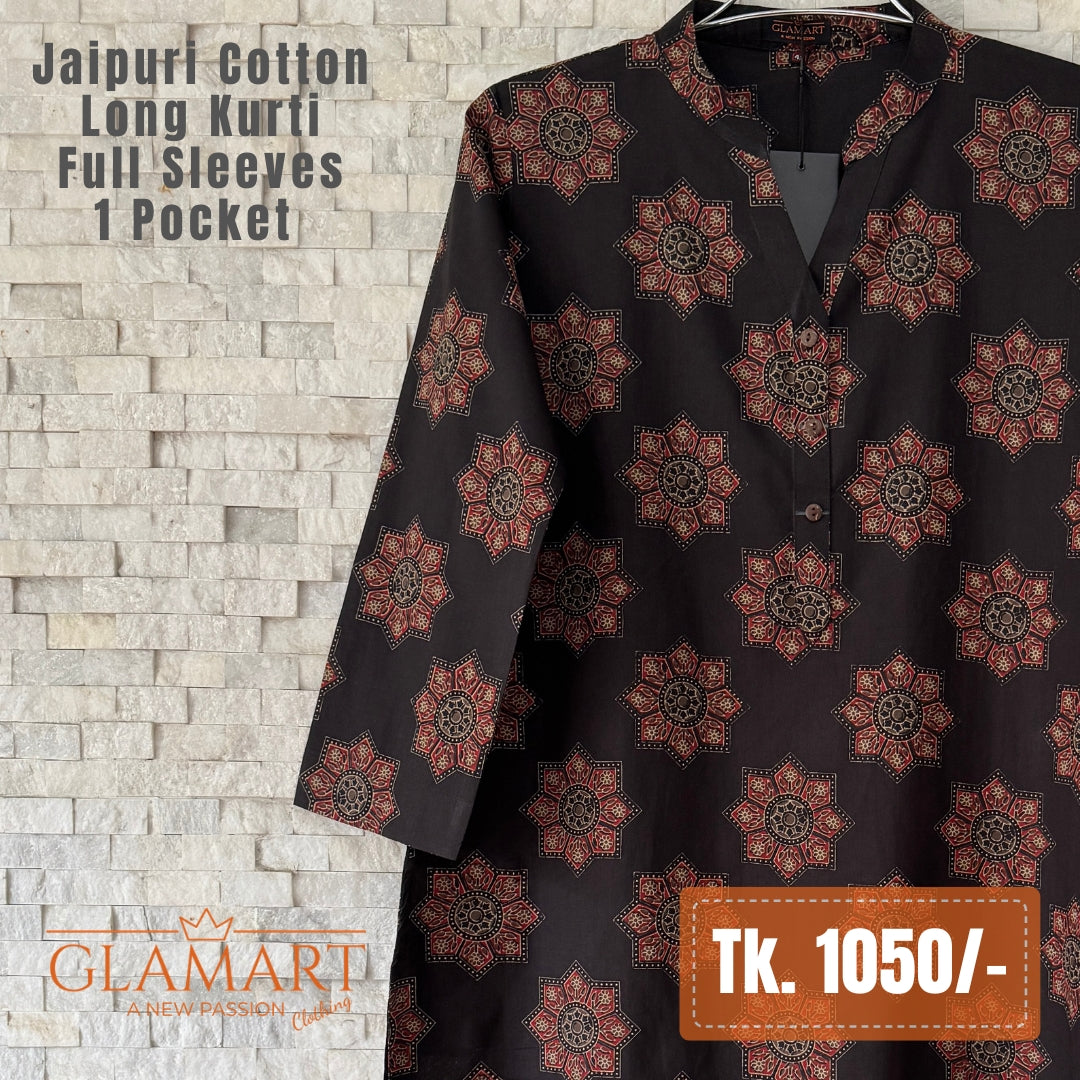 Jaipuri Cotton Long Kurti - Black-Brown & Maroon Geometric Print
