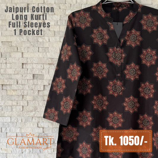 Jaipuri Cotton Long Kurti - Black-Brown & Maroon Geometric Print