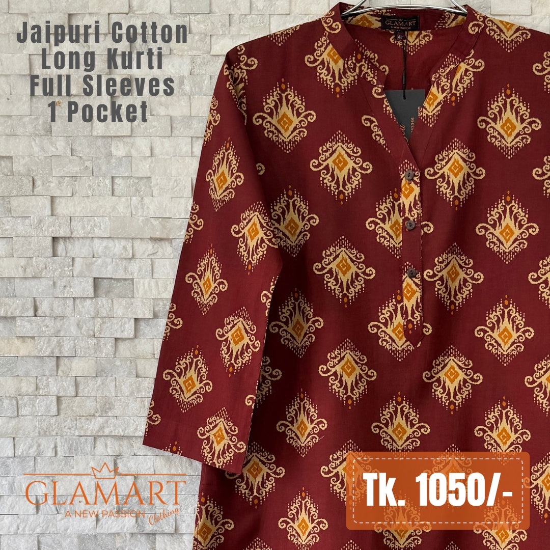 Jaipuri Cotton Long Kurti - Maroon & Mustard Ethnic Print