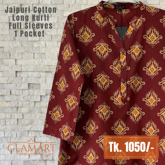 Jaipuri Cotton Long Kurti - Maroon & Mustard Ethnic Print