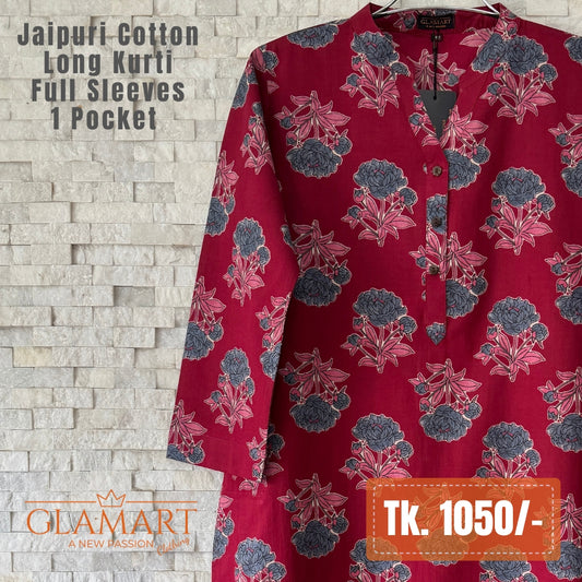 Jaipuri Cotton Long Kurti - Raspberry Magenta & Grey Floral Print