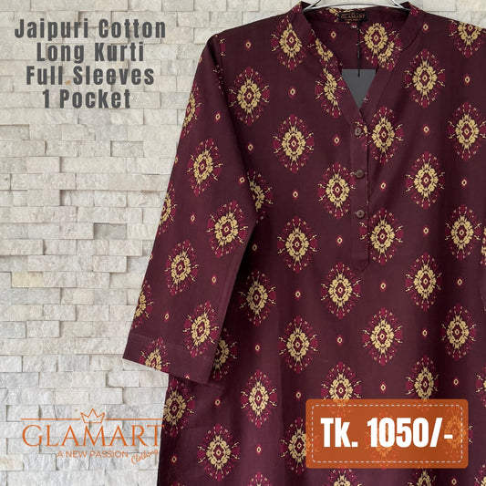 Jaipuri Cotton Long Kurti - Dark Plum Floral Geometric Print