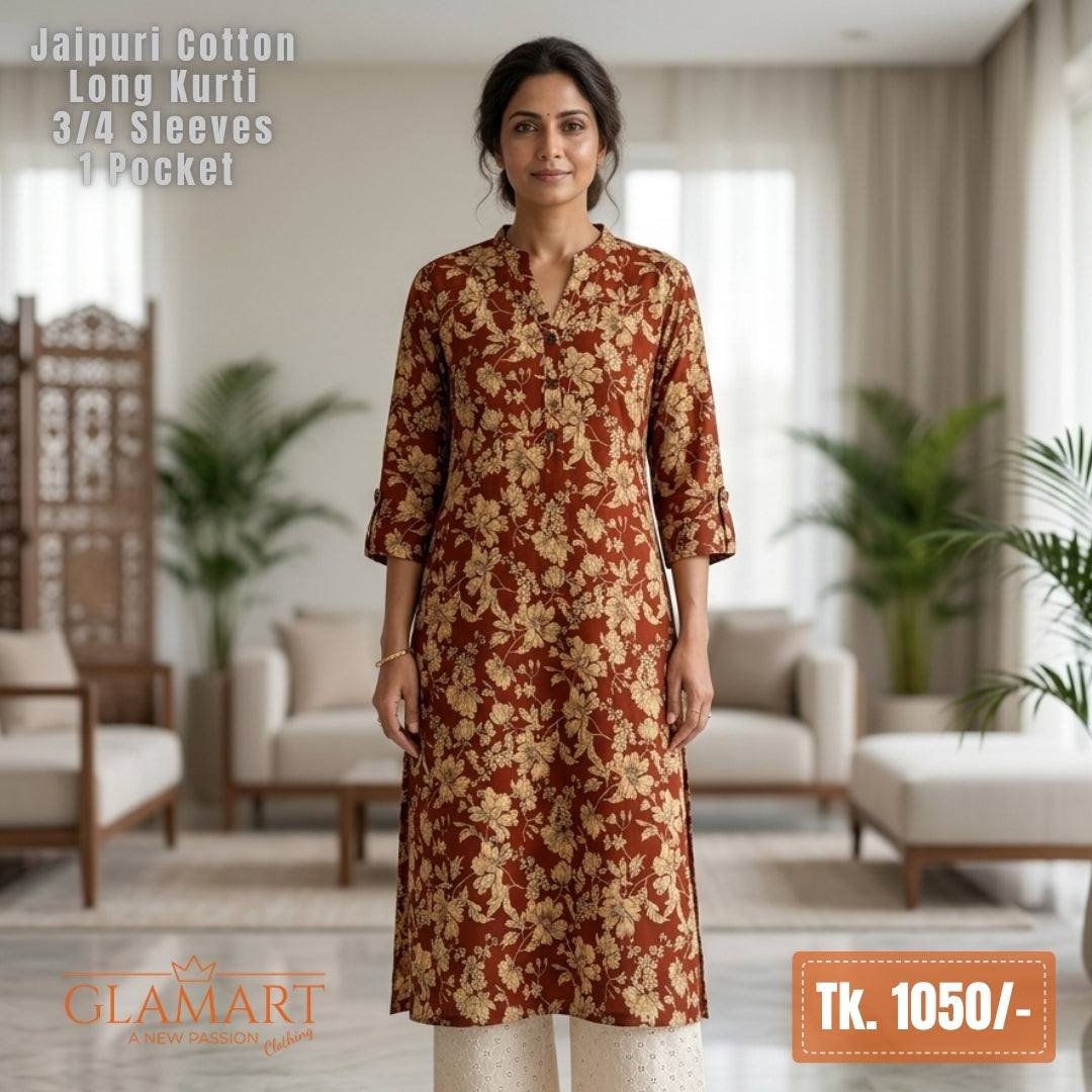 Jaipuri Cotton Long Kurti - Brick & Light Brown Floral Print