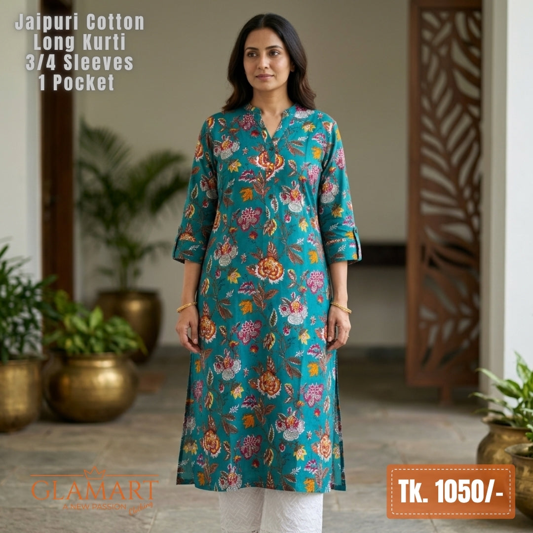 Jaipuri Cotton Long Kurti - Teal Blue with Multicolored Floral Print