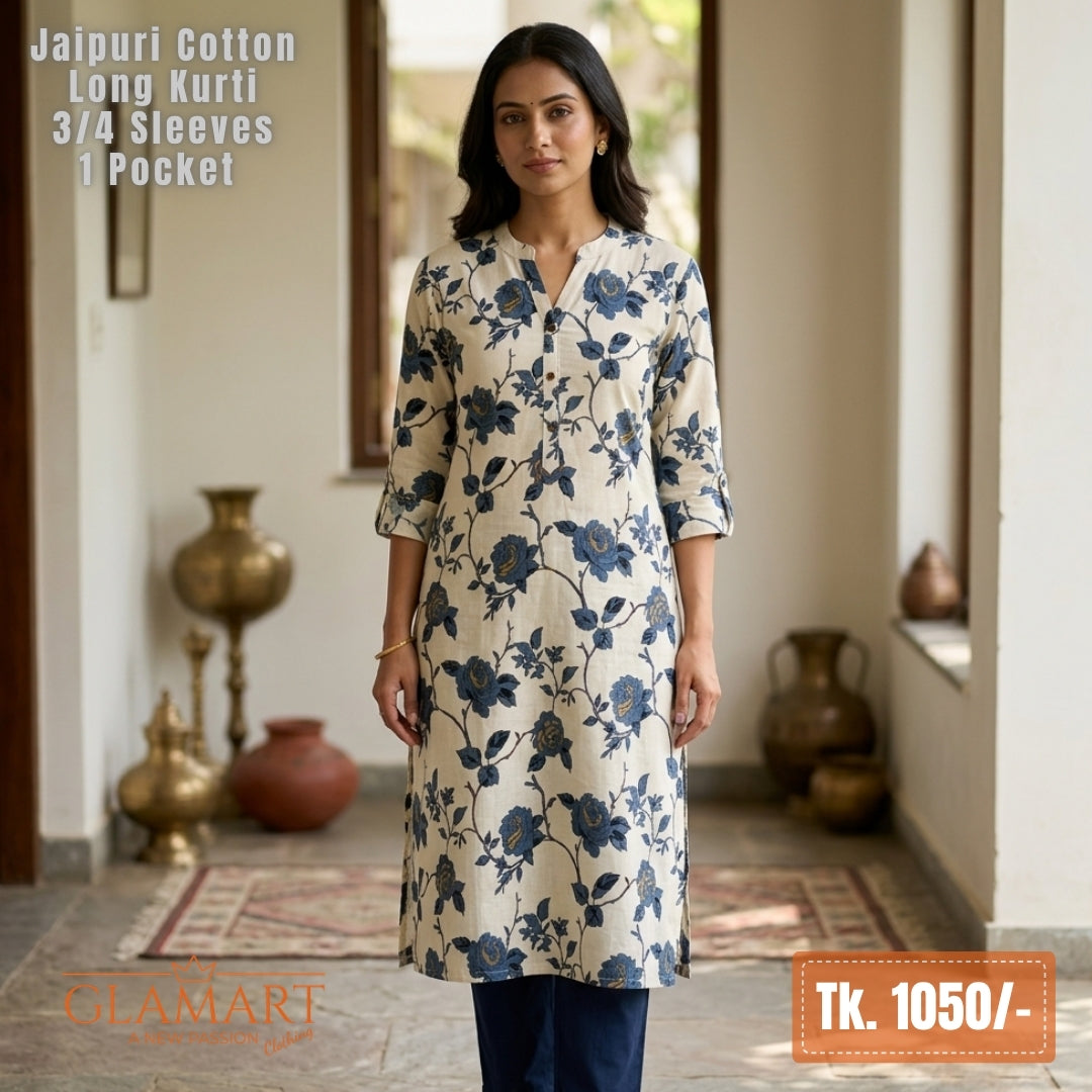Jaipuri Cotton Long Kurti - Soft-White with Blue Floral Print