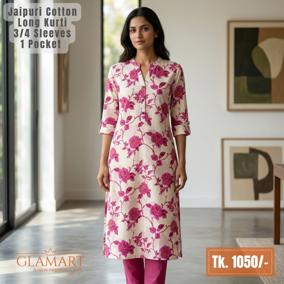 Jaipuri Cotton Long Kurti - Off-White with Magenta Pink Floral Print