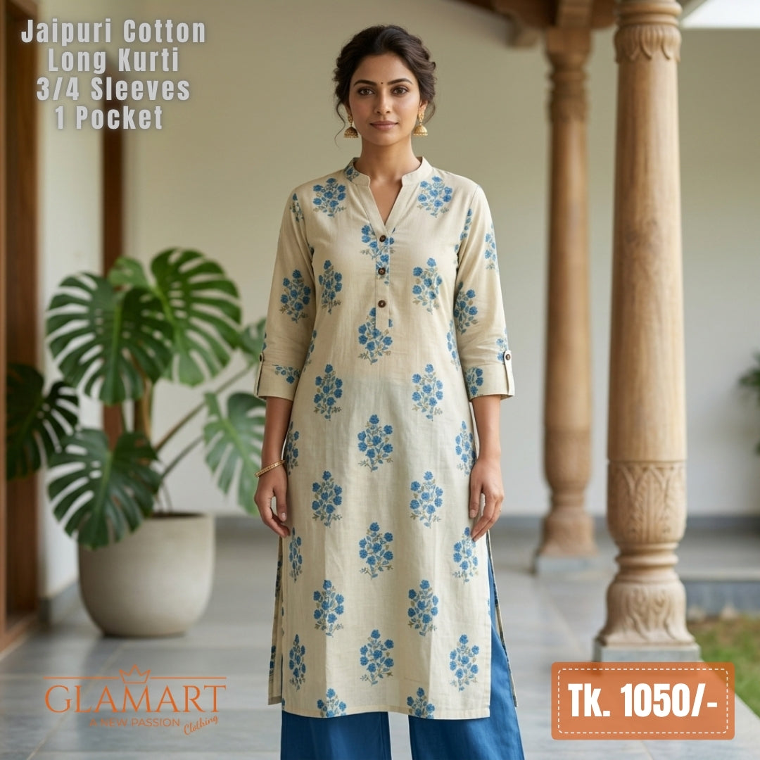 Jaipuri Cotton Long Kurti - Light Off-White with Blue Floral Block Print