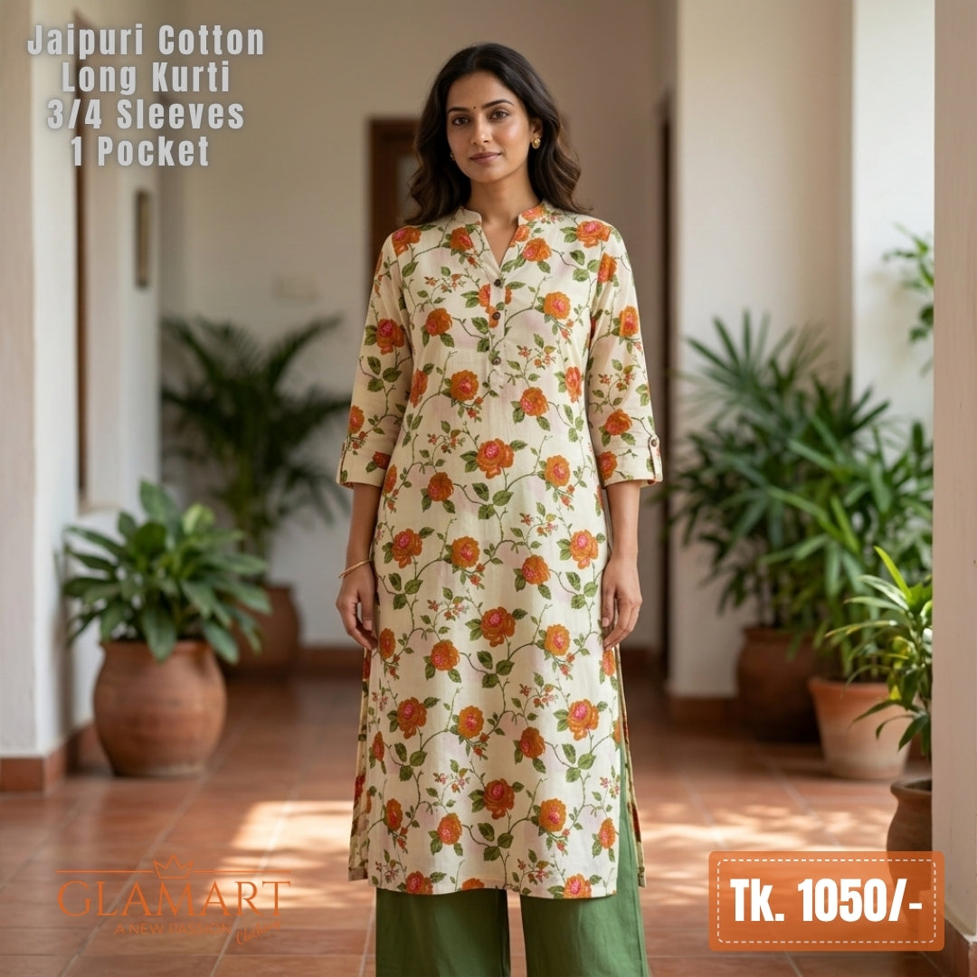 Jaipuri Cotton Long Kurti - Soft-Off-White with Orange Floral Print