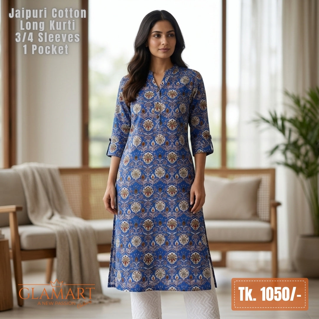 Jaipuri Cotton Long Kurti - Royal Blue with Traditional Floral Print