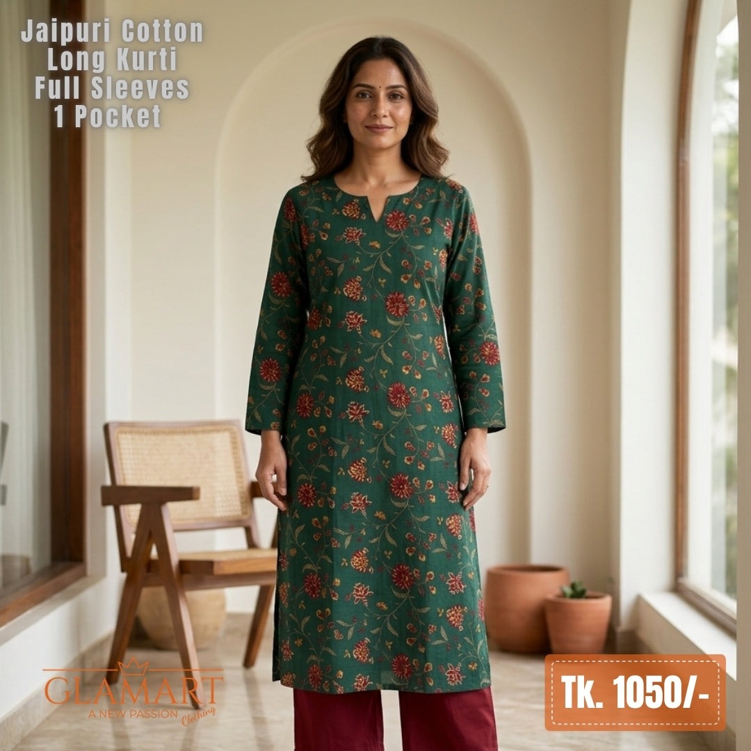 Jaipuri Cotton Long Kurti - Forest Green with Maroon Floral Print