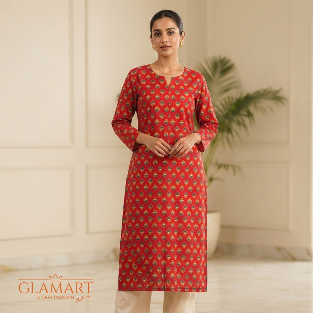 Jaipuri Cotton Long Kurti - Vibrant Red with Traditional Geometric Print
