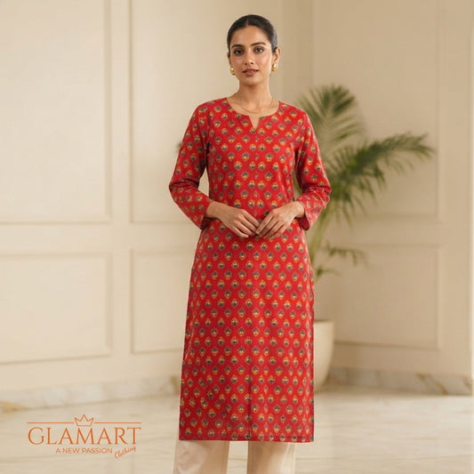 Jaipuri Cotton Long Kurti - Vibrant Red with Traditional Geometric Print