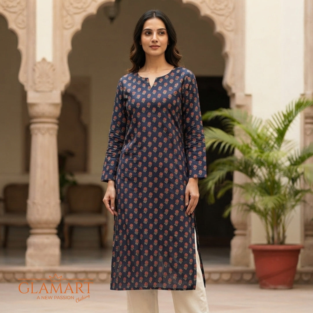 Jaipuri Cotton Long Kurti - Navy Blue with Red Floral Print