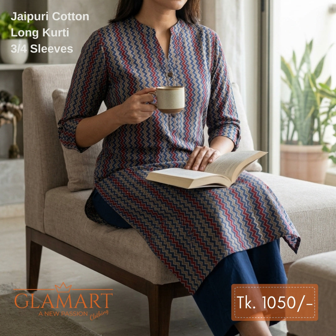 Jaipuri Cotton Long Kurti - Beige & Navy Blue with Zigzag Chevron Print