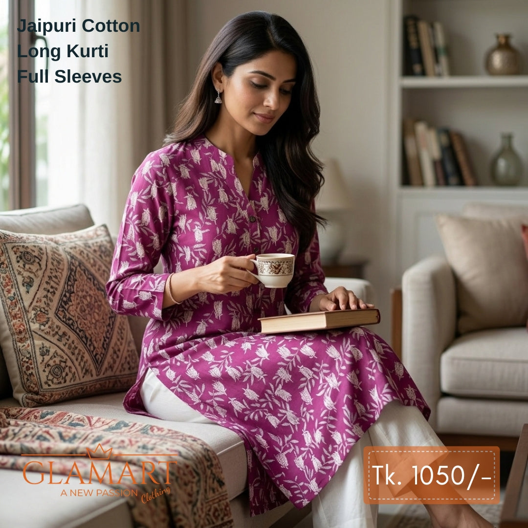 Jaipuri Cotton Long Kurti - Deep Plum Floral Vine Print
