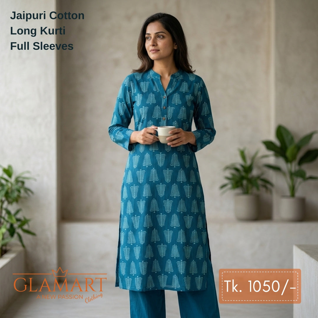 Jaipuri Cotton Long Kurti - Teal Blue Indigo Pine Tree Motif