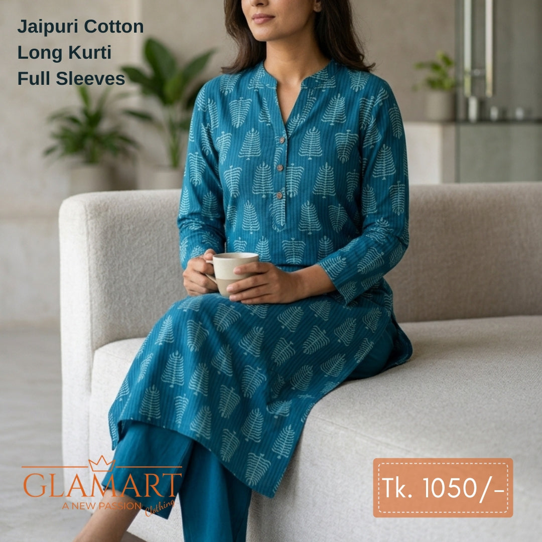 Jaipuri Cotton Long Kurti - Teal Blue Indigo Pine Tree Motif