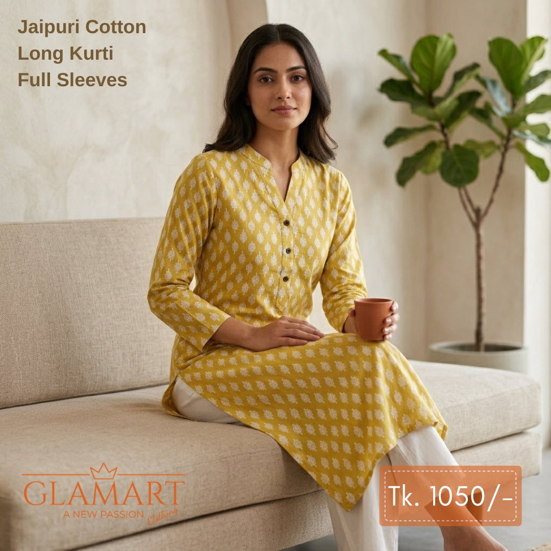 Jaipuri Cotton Long Kurti - Yello & White Pine Cone Motif