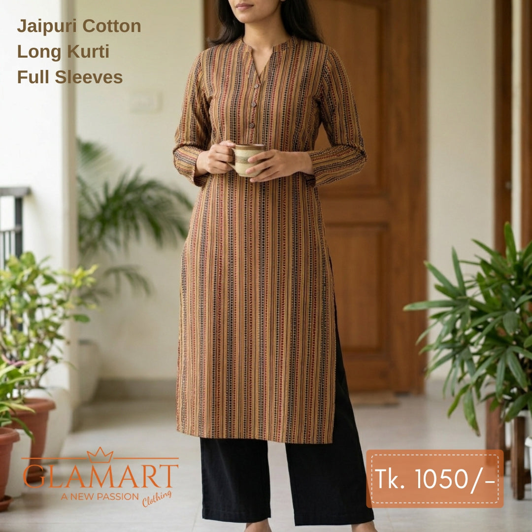 Jaipuri Cotton Long Kurti - Brown, Maroon & Black Striped Motif