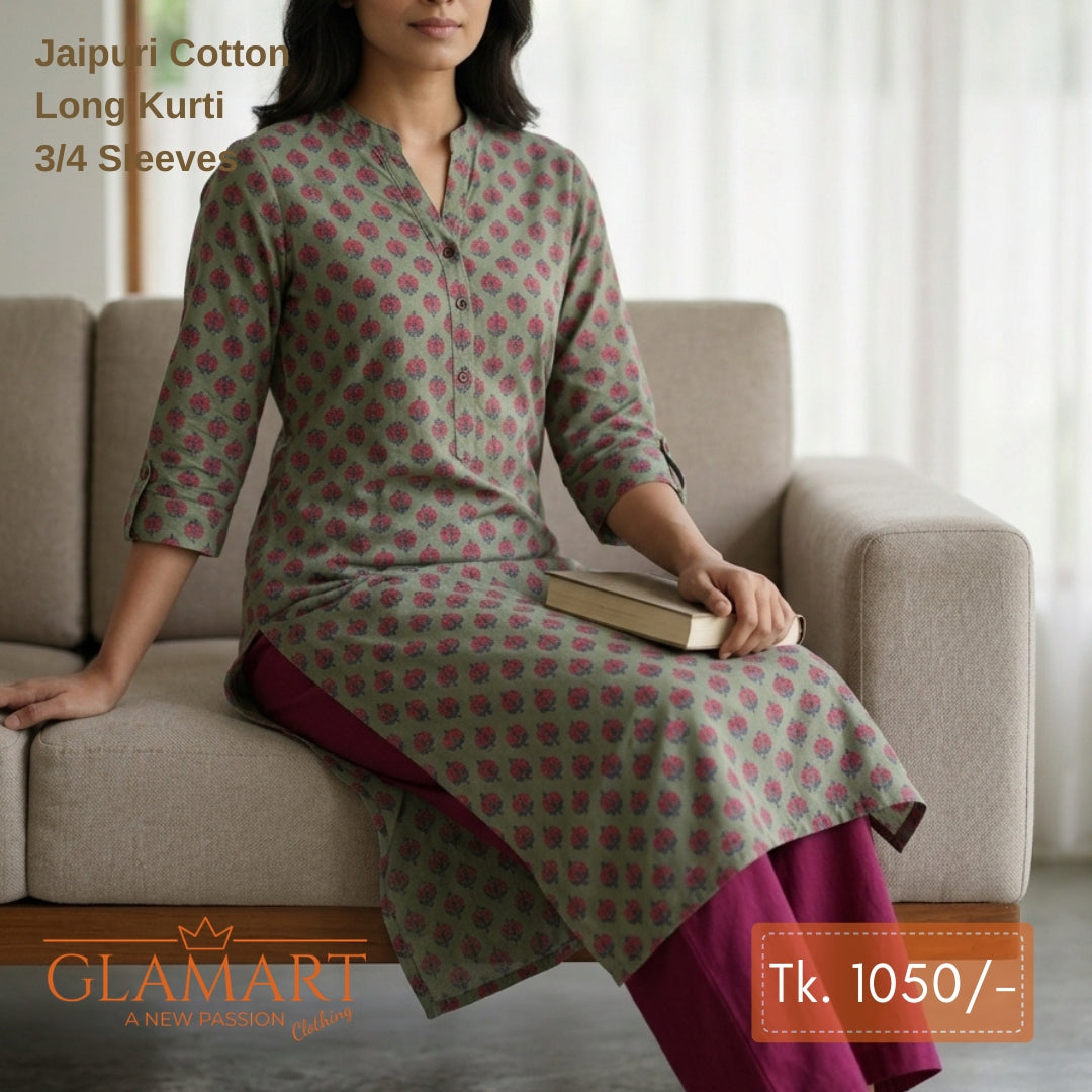 Jaipuri Cotton Long Kurti - Sage Green & Floral Butti Motif