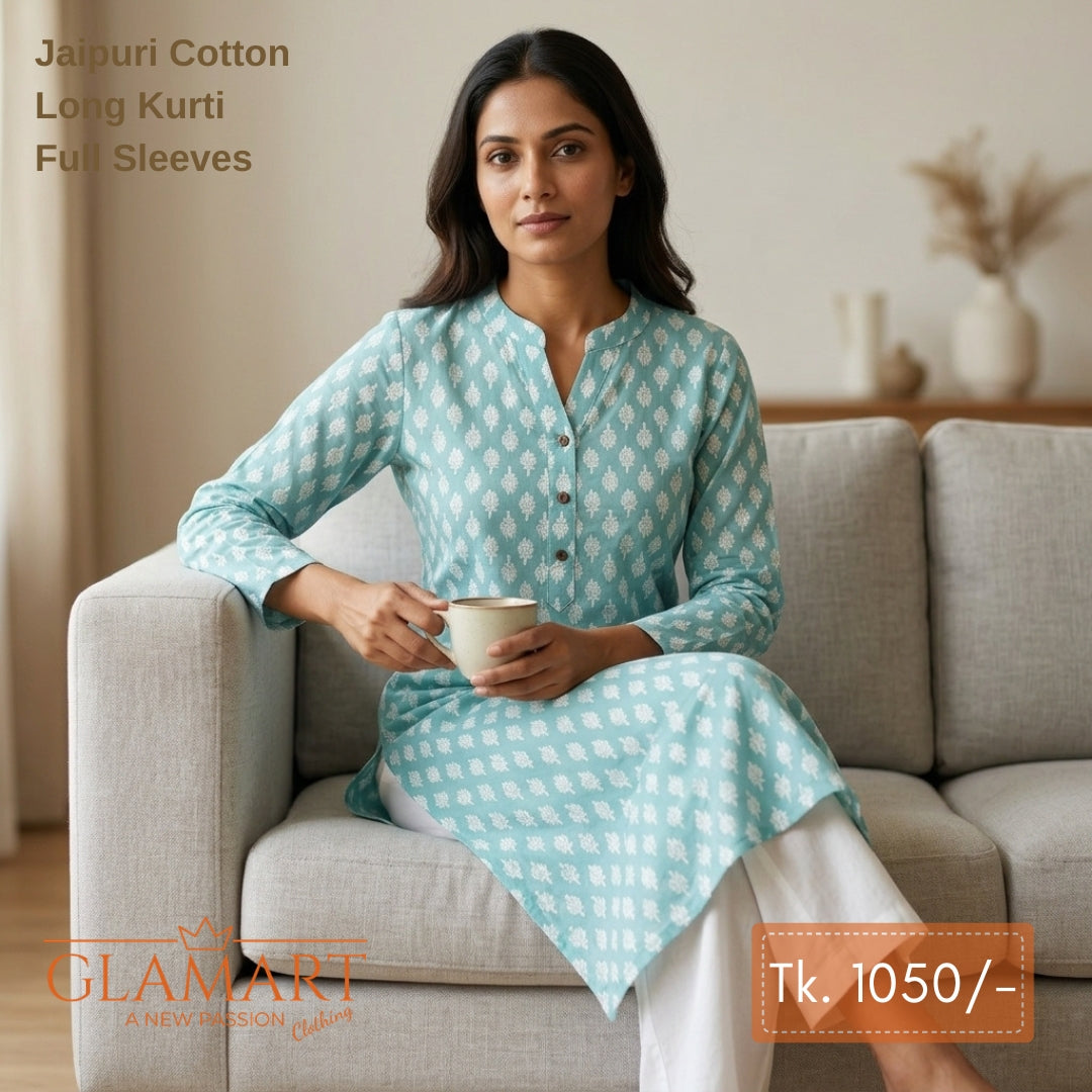 Jaipuri Cotton Long Kurti - Light Blue & White Floral Motif