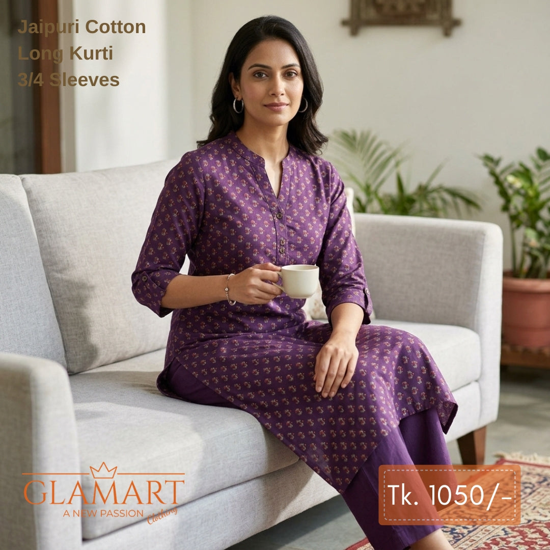 Jaipuri Cotton Long Kurti - Deep Purple Floral Butti Motif